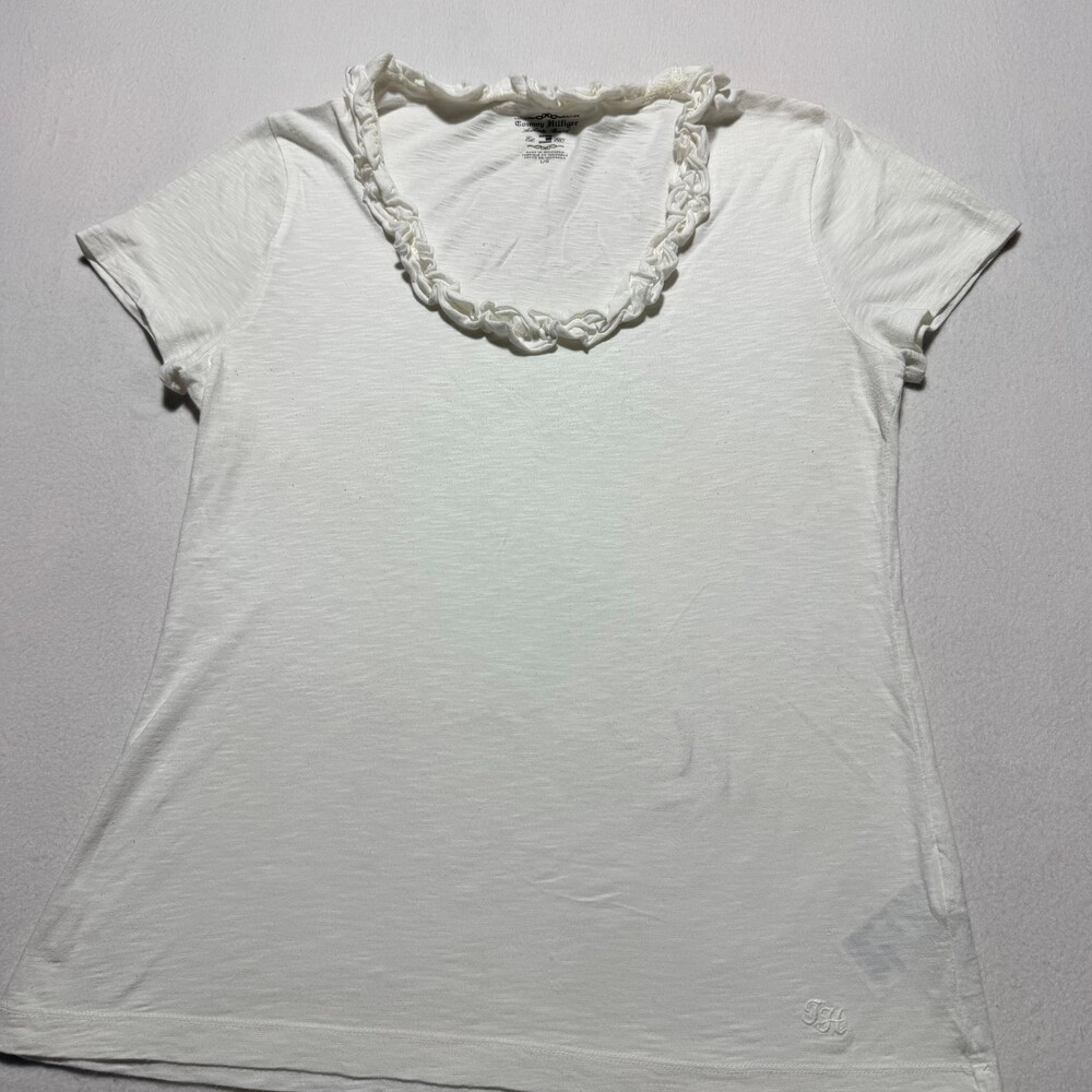 Tommy Hilfiger Atlantic Point White Ruffled Scoop Neck Tee L/G